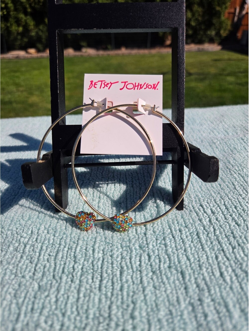 Betsey Johnson Gold-Tone Hoop Earrings with Rainbow Crystal Pave Heart